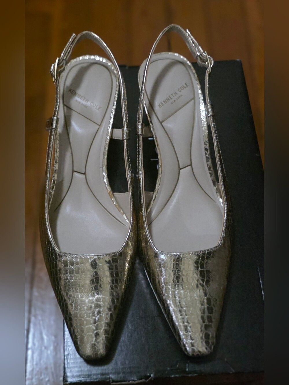 Kenneth Cole Metallic Silver Croc-Embossed Slingback Mules
